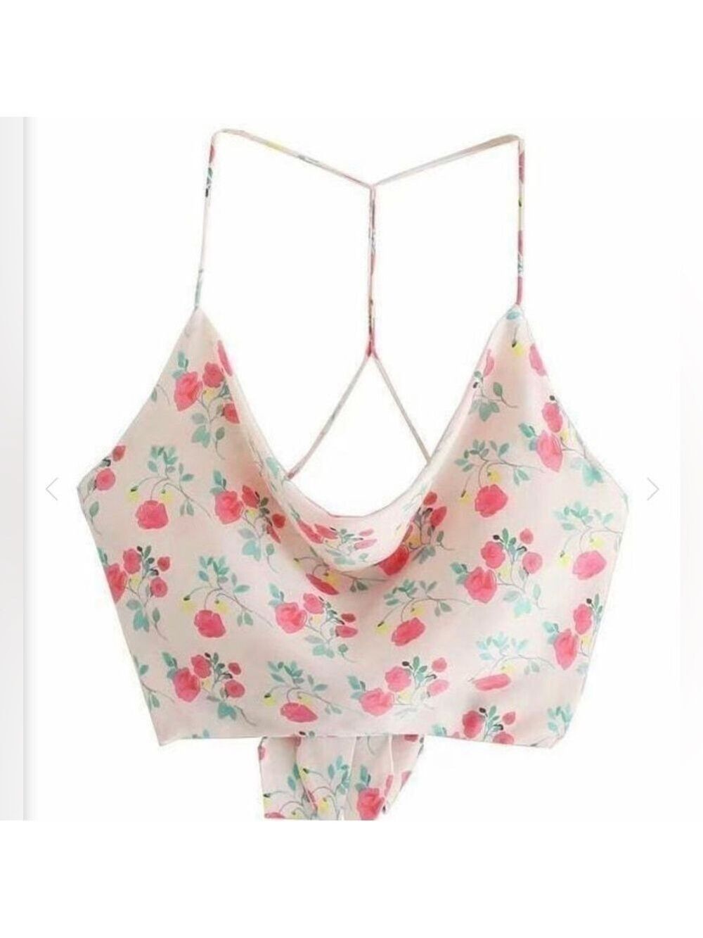ZARA floral silky nwt open back tie crop cowl neck top small